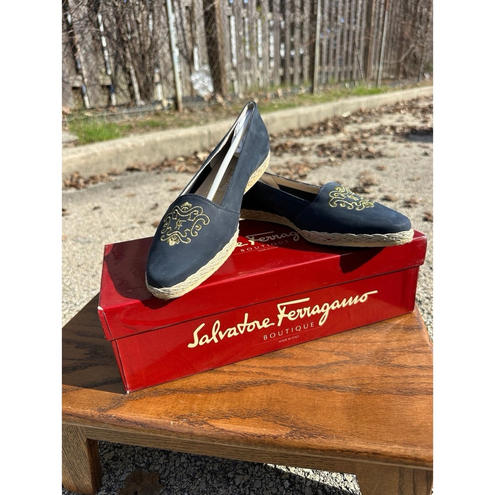 Salvatore Ferragamo Boutique Navy Gold Espadrille Flats Womens 5.5 B